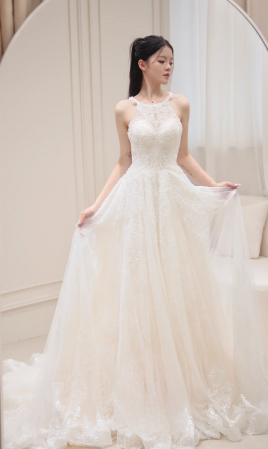 Princess A Line Halter Tulle Lace  Long Wedding Dresses C3833