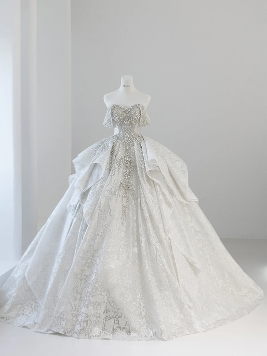 Timeless Ball Gown Off The Shoulder Satin Sequin Beaded Train Long Wedding Dresses C3834