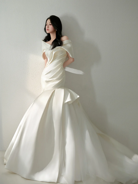Vintage Mermaid Off The Shoulder Satin Pleated Long Wedding Dresses C3835