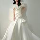 Robe de mariée longue plissée en satin à épaules dénudées style sirène vintage C3835