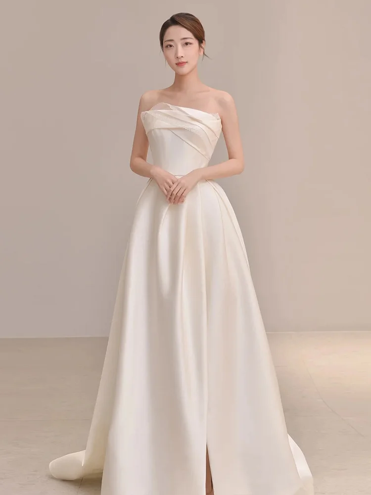 Robe de mariée longue fendue en satin ivoire, simple et élégante, coupe trapèze, sans bretelles, C3837