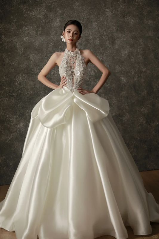 Unique Ball Gown Halter Ivory Satin Applique Long Wedding Dresses C3840