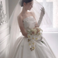 Robe de mariée longue en satin blanc, élégante et chic, sans bretelles, avec voile et gants, C3842