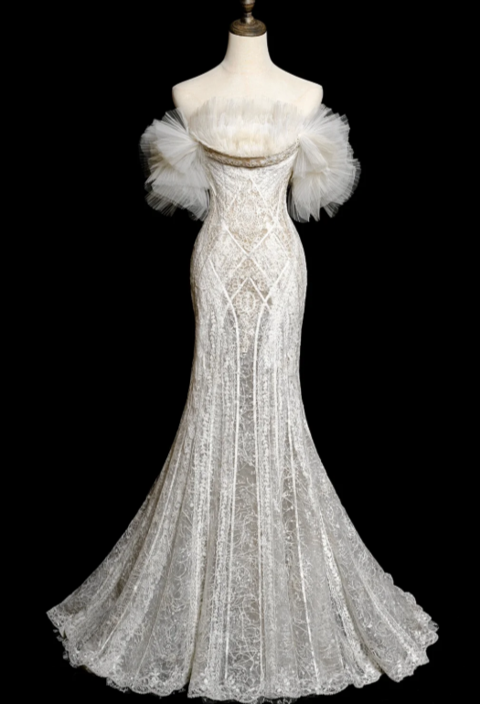 Unique Mermaid Off The Shoulder Tulle Lace Long Wedding Dresses C3845