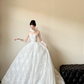 Robe de mariée longue bustier en dentelle blanche avec gants, tenue de bal de rêve C3851