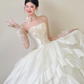 Robe de bal princesse bustier en satin blanc et tulle avec appliques et gants, robe de mariée longue C3852
