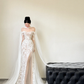 Robe de mariée longue en tulle, coupe trapèze, épaules dénudées, fente latérale, manches longues, C3853