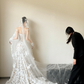 Robe de mariée sirène longue bustier en tulle avec appliques et gants C3857