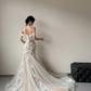 Robe de mariée longue élégante en tulle avec appliques et voile, épaules dénudées, style sirène, C3859