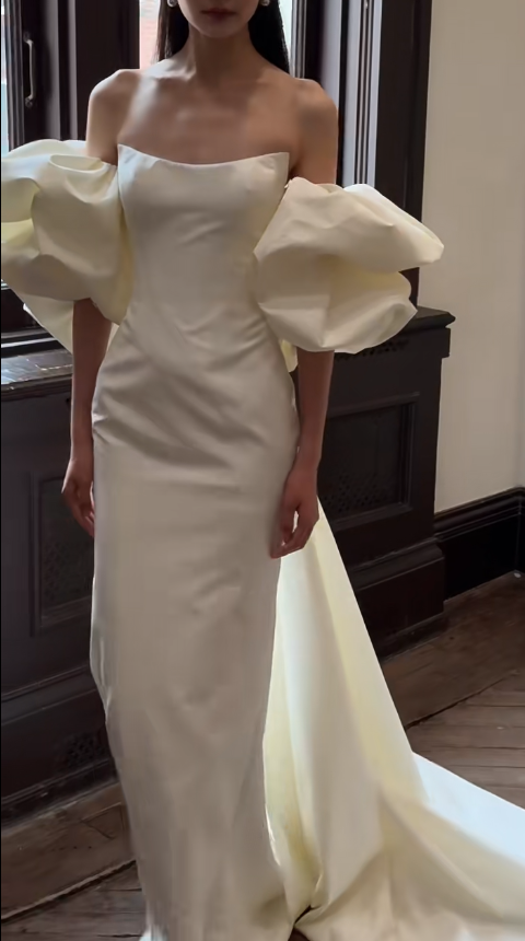 Robe de mariée longue en satin, simple, style sirène, épaules dénudées, C3863
