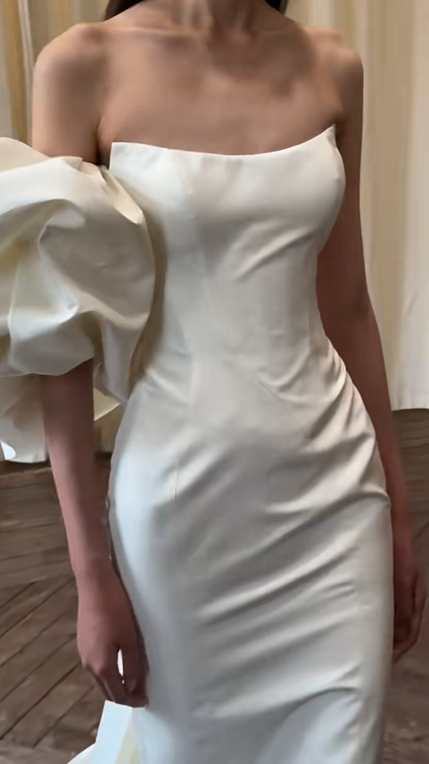 Robe de mariée longue en satin, simple, style sirène, épaules dénudées, C3863