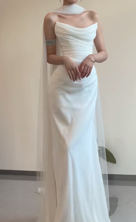 Robe de mariée longue plissée en satin, élégante, sans bretelles, style sirène, C3864