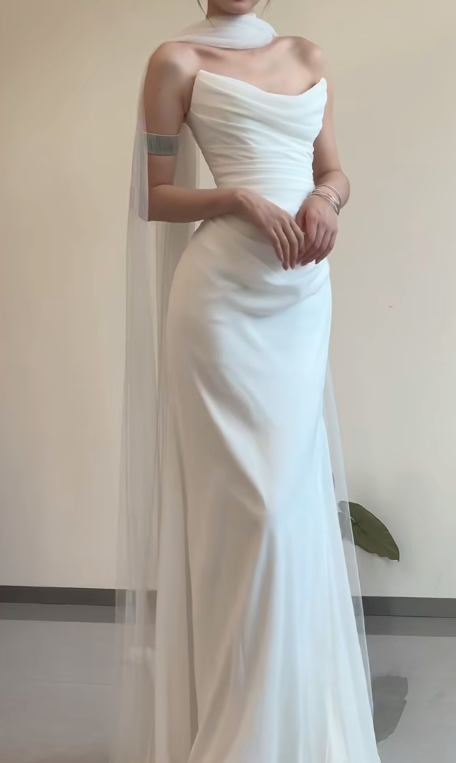 Robe de mariée longue plissée en satin, élégante, sans bretelles, style sirène, C3864