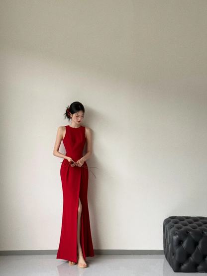 Robe de demoiselle d'honneur longue en satin rouge, style sirène, dos nu, C3865
