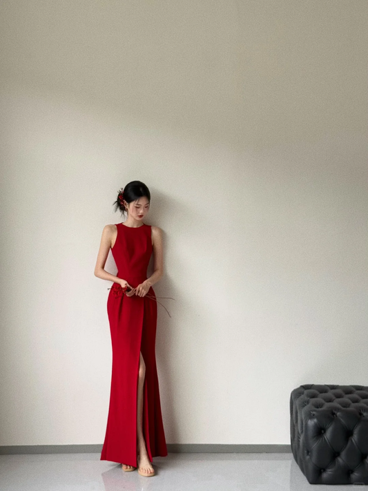 Robe de demoiselle d'honneur longue en satin rouge, style sirène, dos nu, C3865