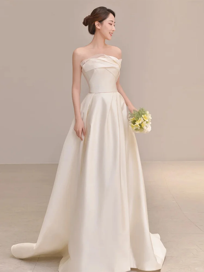 Elegant A Line Strapless Satin Slit Long Bridesmaid Dress C3866