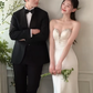 Robe de mariée longue élégante en satin avec décolleté en cœur et perles C3872