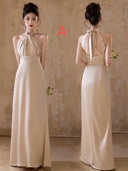 Champagne Elegant A Line Satin Long Bridesmaid Dress C3881