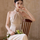 Champagne Elegant A Line Satin Long Bridesmaid Dress C3881