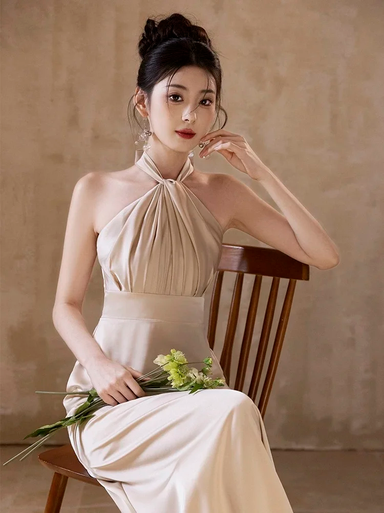 Champagne Elegant A Line Satin Long Bridesmaid Dress C3881