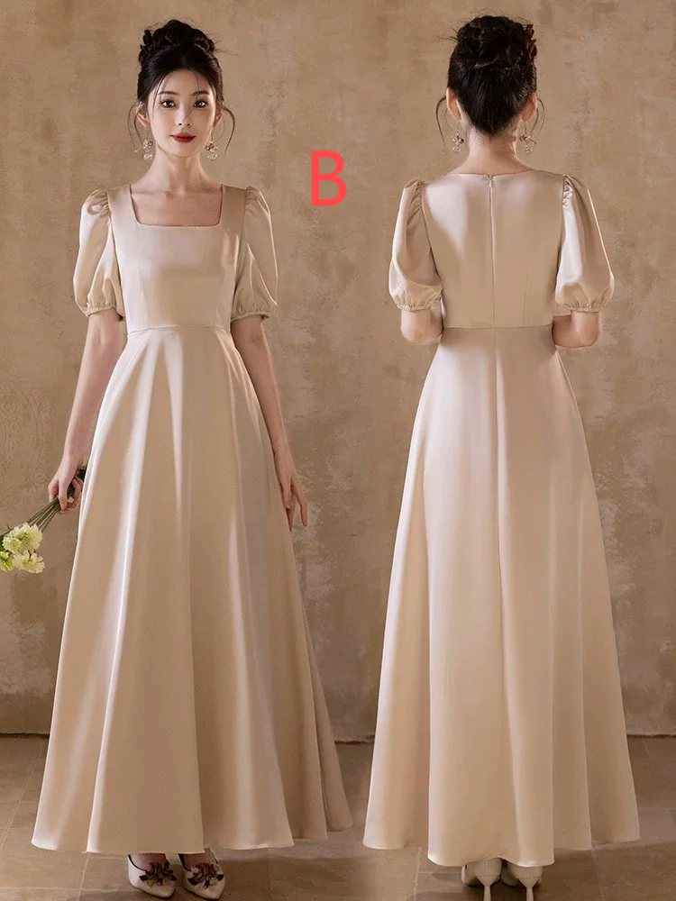 Champagne Elegant A Line Satin Long Bridesmaid Dress C3881