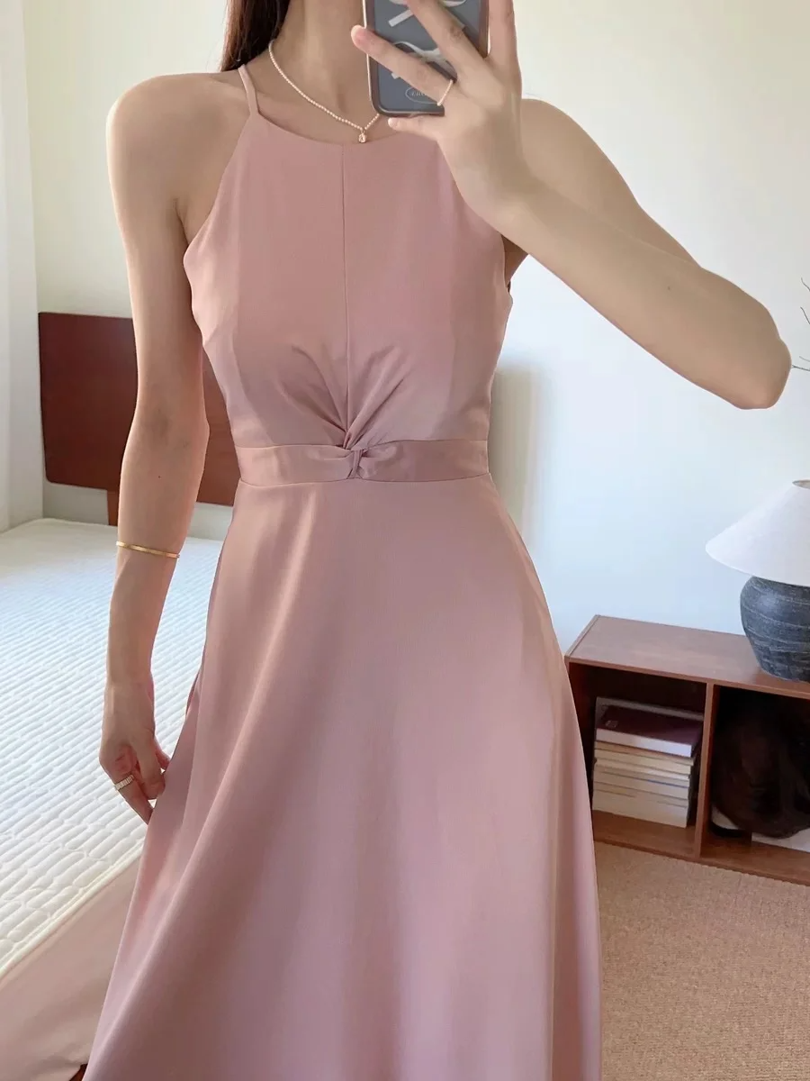 Robe de demoiselle d'honneur longue en satin, élégante et simple, coupe trapèze, dos nu, C3883