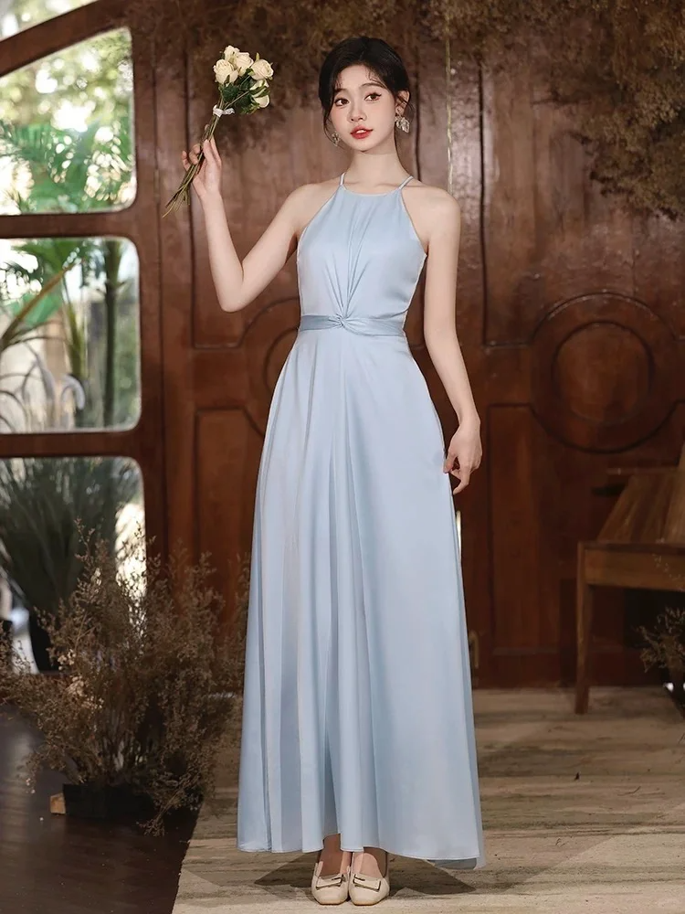 Robe de demoiselle d'honneur longue en satin, élégante et simple, coupe trapèze, dos nu, C3883