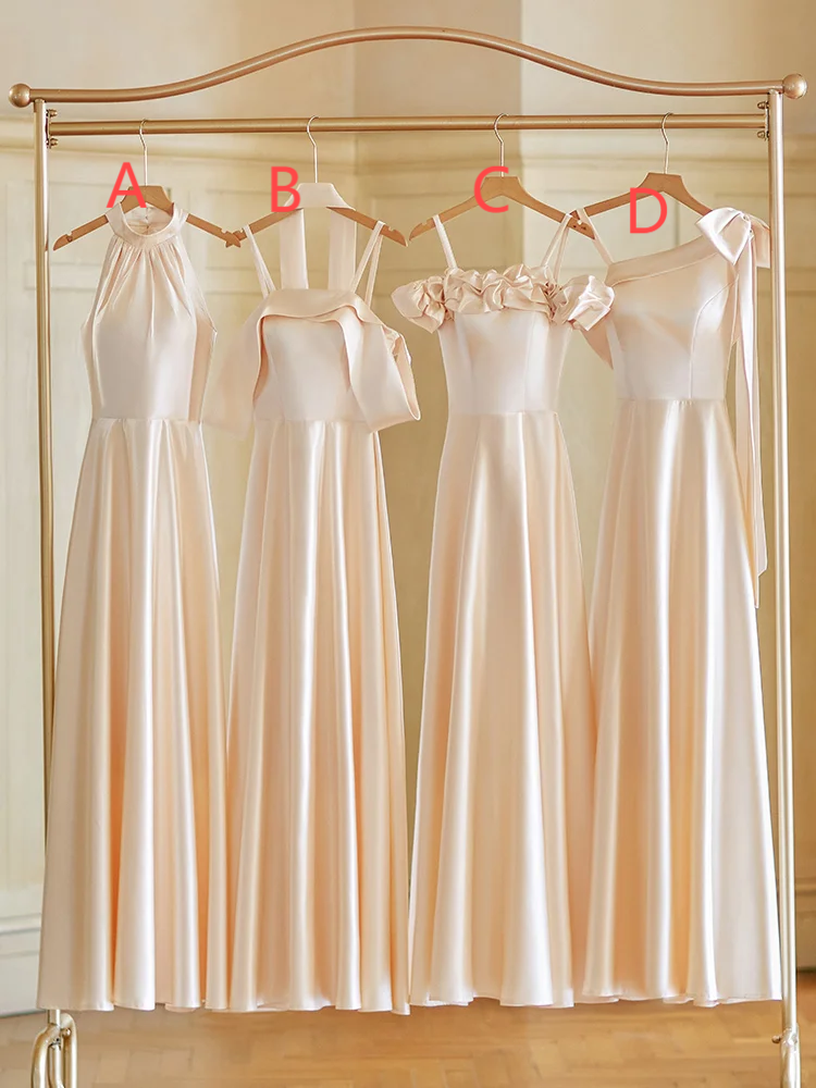 Robe de demoiselle d'honneur longue en satin coupe trapèze couleur champagne Calssy C3888