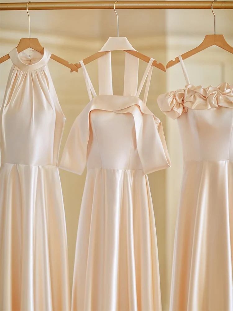 Robe de demoiselle d'honneur longue en satin coupe trapèze couleur champagne Calssy C3888