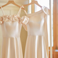 Robe de demoiselle d'honneur longue en satin coupe trapèze couleur champagne Calssy C3888