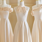 Robe de demoiselle d'honneur longue en satin coupe trapèze couleur champagne Calssy C3888