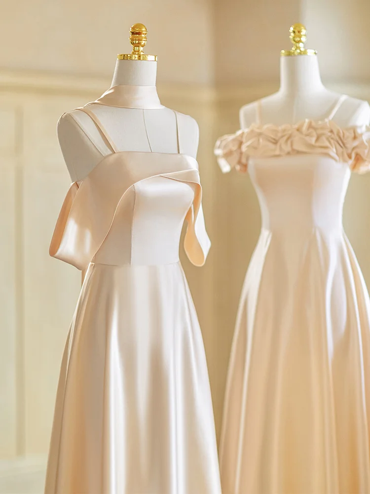 Robe de demoiselle d'honneur longue en satin coupe trapèze couleur champagne Calssy C3888