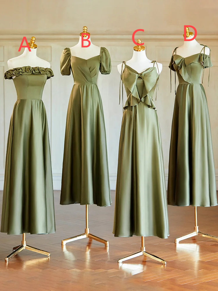Robe de demoiselle d'honneur longue en satin vert olive, élégante, coupe trapèze, C3890