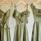 Robe de demoiselle d'honneur longue en satin vert olive, élégante, coupe trapèze, C3890