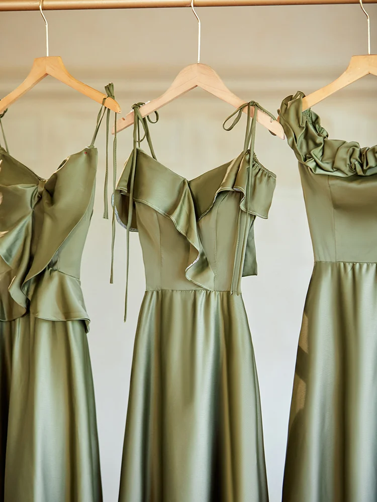 Robe de demoiselle d'honneur longue en satin vert olive, élégante, coupe trapèze, C3890