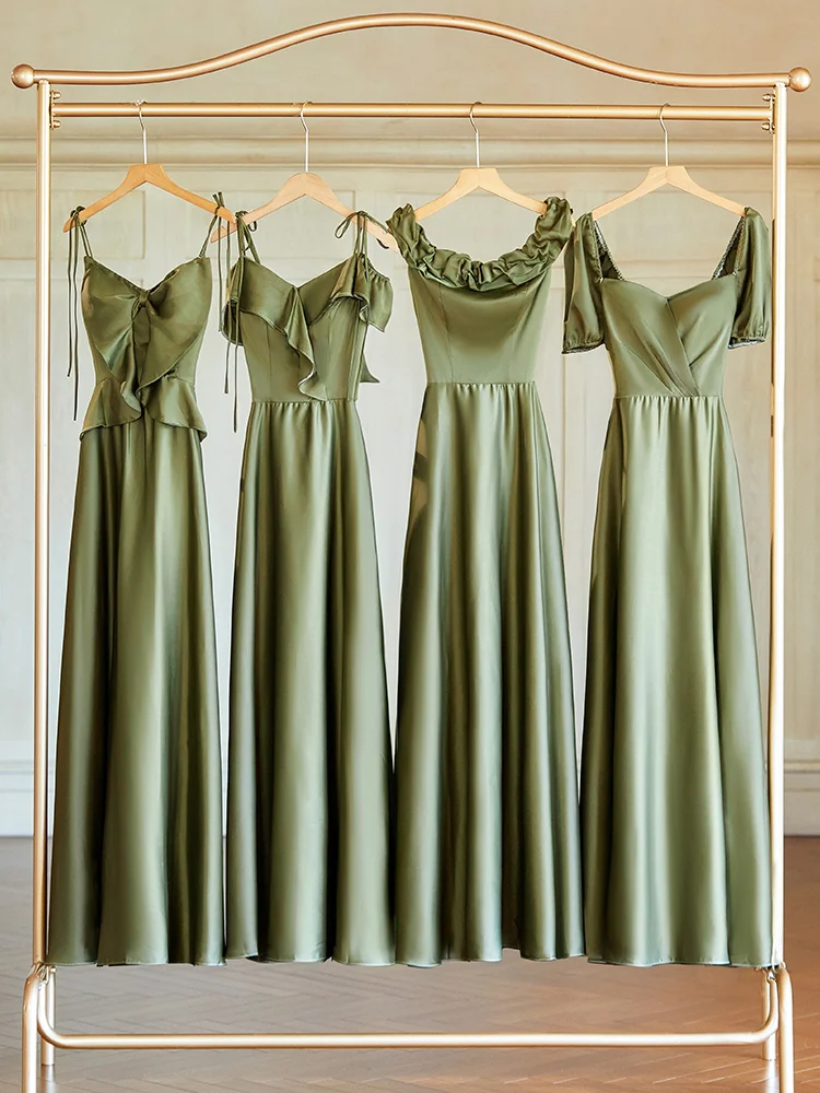 Robe de demoiselle d'honneur longue en satin vert olive, élégante, coupe trapèze, C3890