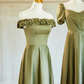 Robe de demoiselle d'honneur longue en satin vert olive, élégante, coupe trapèze, C3890