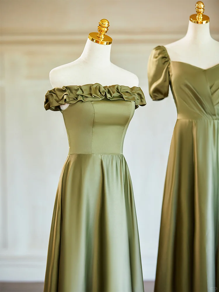 Robe de demoiselle d'honneur longue en satin vert olive, élégante, coupe trapèze, C3890