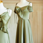 Robe de demoiselle d'honneur longue en satin vert olive, élégante, coupe trapèze, C3890