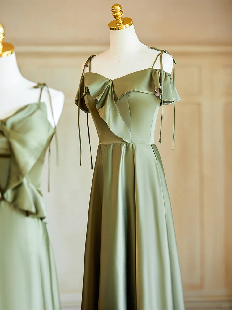 Robe de demoiselle d'honneur longue en satin vert olive, élégante, coupe trapèze, C3890