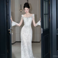 Vintage Mermaid White Lace Long Sleeves Long Wedding Dresses C3893