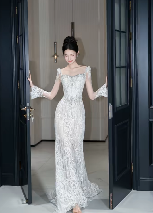 Vintage Mermaid White Lace Long Sleeves Long Wedding Dresses C3893