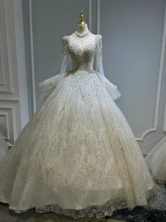 Dreamy Ball Gown Tulle Lace Sequin Beaded Long Sleeves Long Wedding Dresses C3899