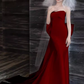 Robe de bal longue en satin sirène sexy sans bretelles bordeaux C38