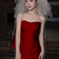 Robe de bal longue en satin sirène sexy sans bretelles bordeaux C38