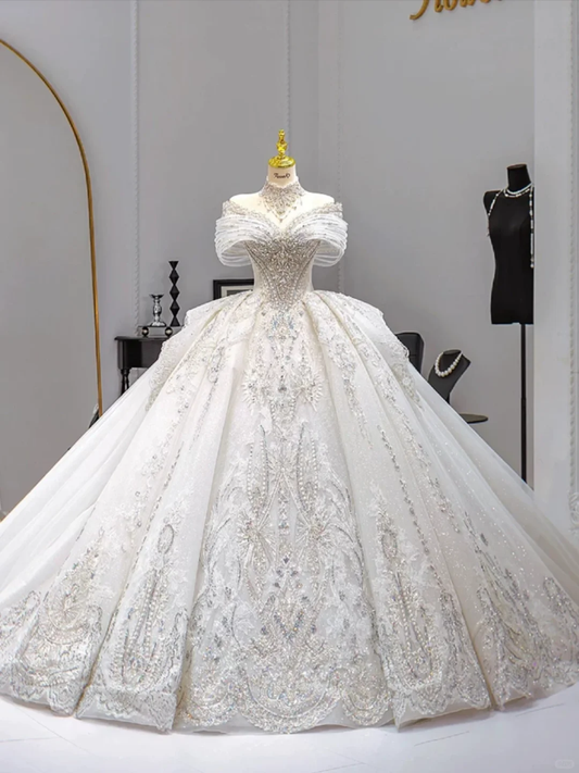 Romantic Ball Gown Off The Shoulder Tulle Lace Beaded Long Wedding Dresses C3901