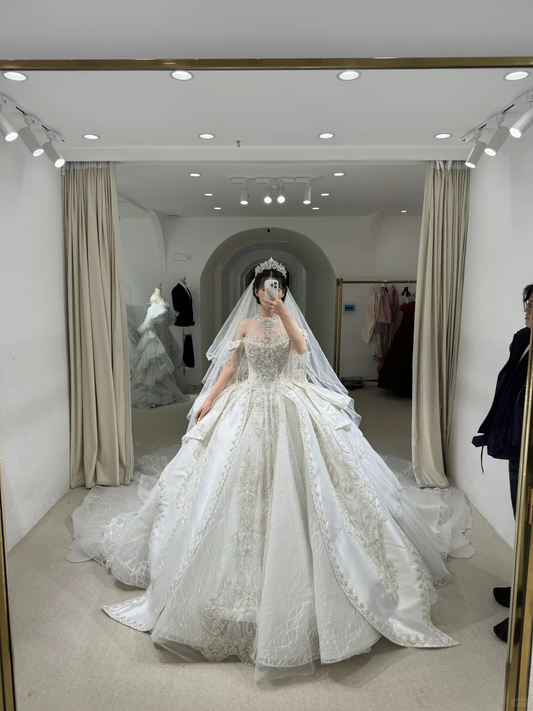 Timeless Ball Gown Off The Shoulder Satin Tulle Lace Beaded With Veil Long Wedding Dresses C3903