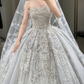 Superbe robe de bal bustier en satin, tulle, sequins, perles et voile, longue robe de mariée C3904