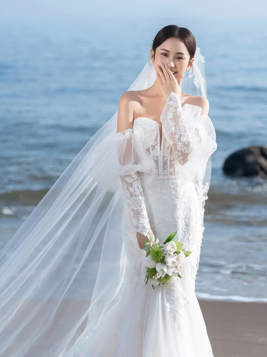 Unique Mermaid Off The Shoulder White Satin Tulle Applique Long Sleeve With Veil Long Wedding Dresses C3911