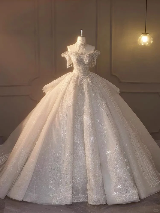 Timeless Ball Gown Off The Shoulder Tulle Sequin Beaded Long Wedding Dresses C3915